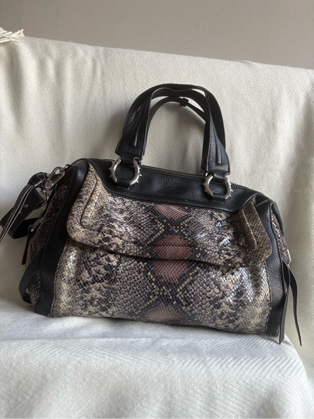 Aimee Kestenberg Snake-Print Satchel in Black and Brown